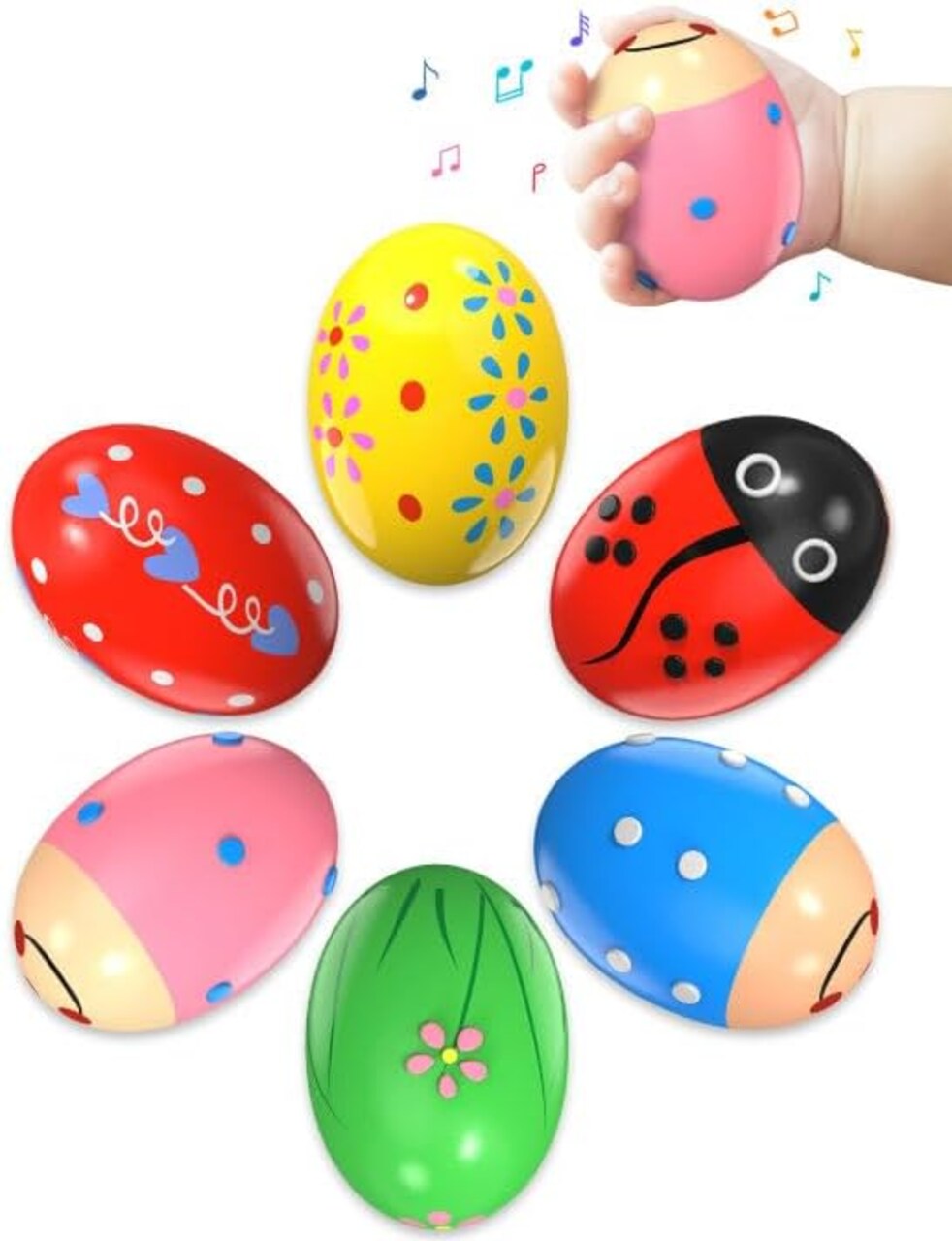 6 Pack Wooden Easter Egg Shakers for Toddlers, Percussion Musical Instrument Toys, Montessori Easter Basket Stuffers & Preschool Learning Toys for Babies, Boys & Girls